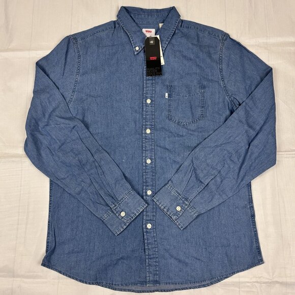 Levis Mens Long-Sleeve Denim Button-Down Shirt Size L Tencel Blend Light Blue - Picture 2 of 13